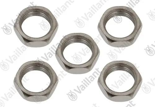 Fünf Sechskantmuttern aus Metall der Marke Vaillant, mit Innengewinde und einem klaren hexagonalem Profil, übereinander angeordnet.